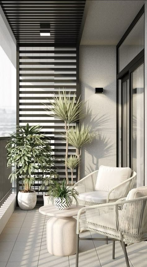 Black And White Balcony, Mini Balcony Ideas, Nordic Balcony, Potted Plants Patio, Interior Balcony, Budget Interior Design, Terrace Decor, Terrace Ideas, Home Balcony