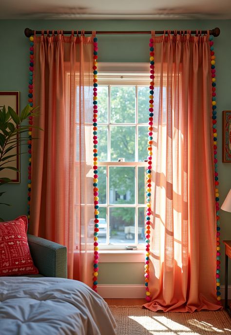 Boho Bedroom Curtains ideas Curtains Rods Ideas, Boho Curtain Ideas, Cortinas Boho, Pom Pom Curtains, Bedroom Curtain Ideas, Bedroom Curtain, Boho Curtains, Curtain Ideas, Leisure Arts