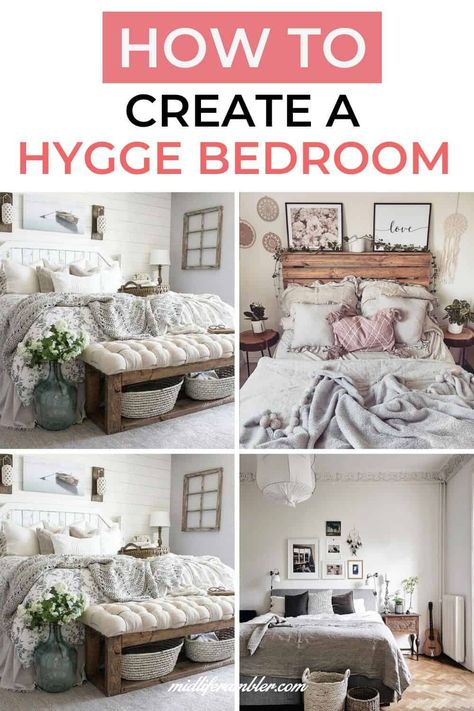 10 Ways to Create a Hygge Bedroom - These 10 hygge design ideas can help you bring the Scandinavian concept of hygge - coziness and contentment - to create your create your own hygge bedroom. Inspiration and ideas for hygge bedroom decor so you can make your very own hygge bedroom retreat. #hygge #hyggedecor #hyggebedroom #midliferambler Hygge Master Bed, Hygge Room Ideas, Ways To Make Bedroom Cozy, Bedroom Hygge Ideas, Hygge House Decor, Hygge Farmhouse Decor, Hygge Design Interiors, Hygge Interior Design Bedroom, Bedroom Retreat Ideas Master Cozy