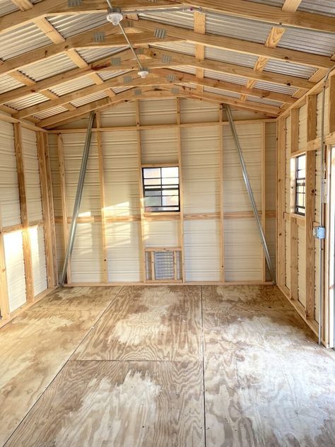 Unfinished shed building before shiplap and she shed finishing She Shed Transformation, 10x16 Craft Shed Interior, She Sheds For Crafting, She Shed Wood Shop, Shed Redo Ideas, 10x20 Shed Interior, 12x16 She Shed Interior, She Shed Designs Interiors, She Shed Workshop Ideas