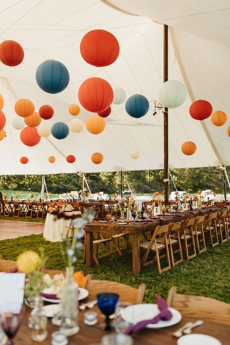 Paper Decor Wedding, Wedding Tent Decorations Ceiling Decor Paper Lanterns, Carnival Themed Wedding Ideas, Paper Lanterns For Wedding, Wedding In Tent Decor, Colorful Lanterns Decor, Colorful Lanterns Wedding, Colorful Wedding Dance Floor, Fun Colorful Wedding Decor