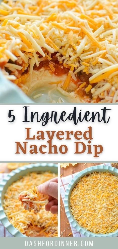 Easy 5 Layer Dip, Taco Dip Easy Cold, Bean Dip Recipes Layered, Easy Layer Dip, Nacho Layer Dip Recipes, Mexican Bean Dip Recipes Easy, Easy Nacho Dip Recipes, Simple Dip Recipes For Chips, Cookout Dips Easy