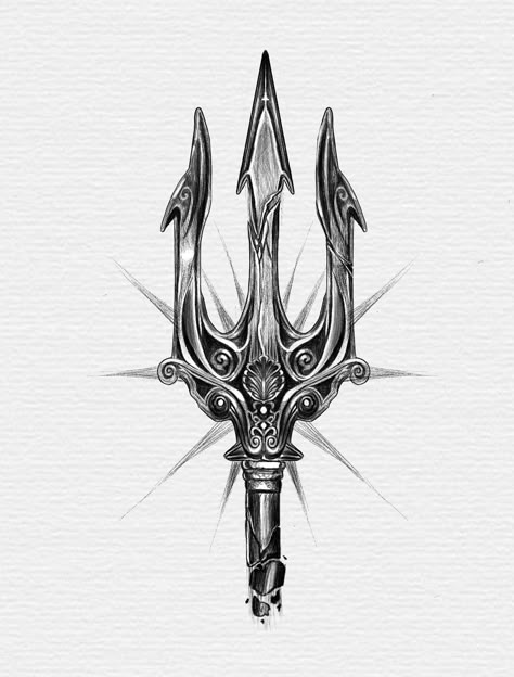 Calf Tattoo Men Minimalist, Trident And Snake Tattoo, Poseidon Trident Drawing, Poseidon Trident Tattoo Design, Upper Thigh Tattoos Men, Trident Tattoo For Men, Trident Tattoo Design, Trident Drawing, Scepter Tattoo