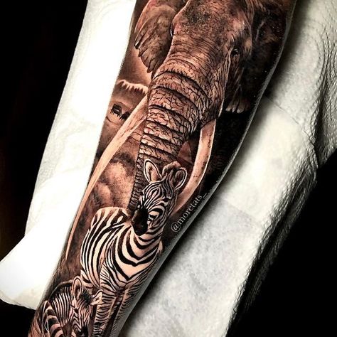 African Theme Sleeve Tattoo, African Jungle Tattoo, African Theme Tattoo, Safari Theme Tattoo, Safari Tattoo Ideas, Safari Sleeve Tattoo, African Animal Tattoo, Safari Tattoo Design, Wild Life Tattoos