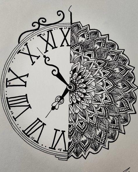 Mandala Clock Drawing, Clock Mandala Art, Mandala Art For Competition, Flower Mandala Sketch, Half Mandala Drawing, Half Mandala Art, Drawing Clock, Clock Mandala, Clock Drawing