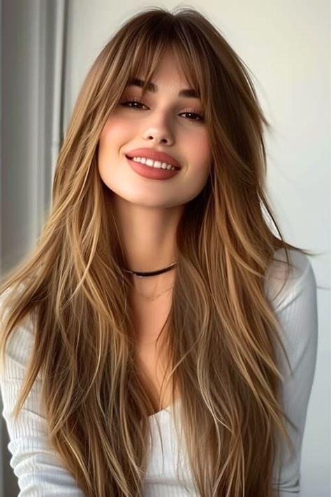 Long layers with bangs and highlights on beautiful smiling woman with brown hair. Women Haircut Fine Hair, Long Hair With Thick Bangs, Highlighted Layers, Subtle Bangs, Haircuts For Long Hair With Layers, Layered Hair With Bangs, Kadeřnické Trendy, Vlasové Trendy, Long Layered Haircuts