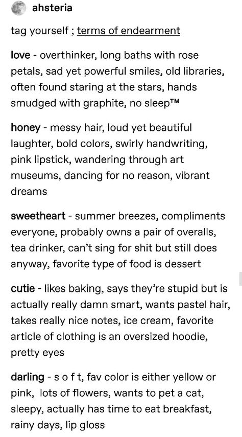 Endearments Ideas, Terms Of Endearment List, Words Of Endearment, Writing Humor, Different Types Of People, Chaotic Academia, Writing Fantasy, Terms Of Endearment, Writing Inspiration Prompts