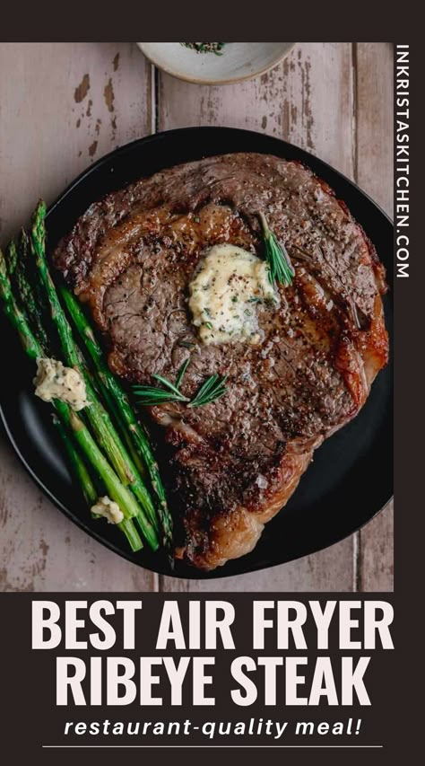 This Air Fryer Ribeye Steak recipe will leave you feeling like you just ate restaurant-quality steak in the comfort of your own home! The compound butter gives this juicy ribeye steak the best flavor! Air Fryer Ribeye Steak, Air Fryer Ribeye, Steak In Air Fryer, How To Cook Ribeye, Ribeye Steak Recipe, Air Fry Steak, Rib Eye Recipes, Cooking Ribeye Steak, Ribeye Steak Recipes