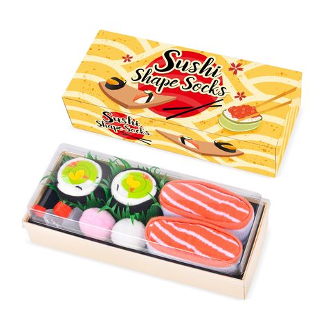 PRICES MAY VARY. Funny Sushi Socks :Are you a big fan of Sushi? Open the Sushi box, who would have thought that there were socks inside? The whole product uses the original sushi packaging box, just like take-out sushi from a Japanese restaurant.Surprise effect guaranteed! It is a great gift for anyone who likes sushi or creative items!Everyone will get a huge kick out of these sushi socks and they'll be quite the conversation piece.（NOTE:This item does not contain sushi serving geta plates) Hig Gifts For Sister Christmas, Sushi Packaging, Sushi Socks, Funny Socks For Men, Sushi Box, Avon Lip, Food Socks, Funny Gadgets, Creative Items