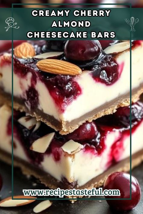 Indulge in these creamy cherry almond cheesecake bars, featuring a buttery graham cracker crust, a rich cheesecake filling, and a delightful cherry topping, finished with a sweet glaze. Almond Cheesecake, Cherry Glaze, Rich Cheesecake, Cherry Topping, Sweet Glaze, Cheesecake Bar Recipes, Cherry Cheesecake, Cheesecake Filling, Cherry Almond