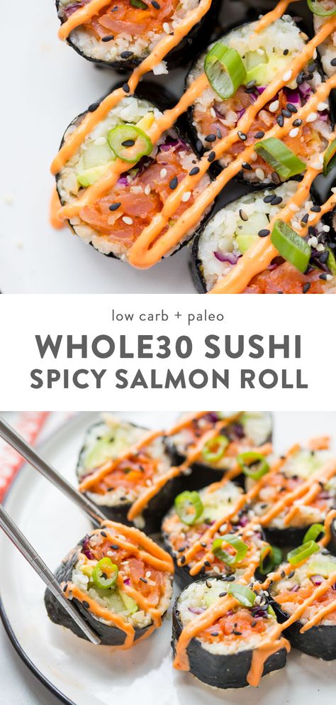 This Whole30 sushi spicy salmon roll is as legit as it gets but with none of the grains or sugar! Made with seasoned cauliflower rice, this Whole30 sushi spicy salmon roll uses easy-to-find smoked salmon, lots of veggies, and is low carb and keto friendly. #sushi #lowcarb Spicy Salmon Sushi Roll Recipes, Spicy Salmon Roll Sushi, Spicy Salmon Recipes Sushi, Whole 30 Smoked Salmon Recipes, Sushi With Smoked Salmon, Smoked Salmon Sushi Recipes, How To Eat Smoked Salmon, Cooked Salmon Sushi, Smoked Salmon Sushi Roll