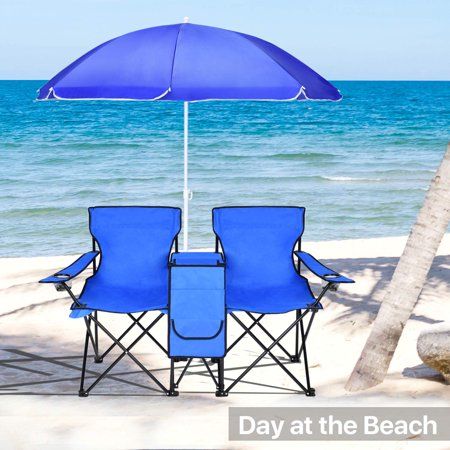 "2020 NEW Upgrade Folding Outdoor Chair with Removable Umbrella is ready to use at the park, at the beach, in your backyard, or at your camp site. uhomepro Double-Chair features sturdy steel frame construction, a removable / adjustable umbrella, beverage holding compartment for your small belongings, and a thermos to keep your beverages cool. This chair opens and folds closed in seconds! It's made of sturdy nylon and comes with a handy carrying case. Durable Construction ensures each chair has a Beach Chair With Umbrella, Middle Table, Picnic Chairs, Beach Chair With Canopy, Beach Patio, Fishing Chair, Folding Camping Chairs, Steel Frame Construction, Beach Chair Umbrella