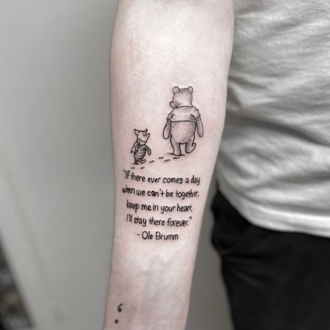 If There Ever Comes A Day Pooh Tattoo, Return To Pooh Corner Tattoo, Memorial Family Tattoos, Winnie The Pooh Tattoo Memorial, Wine The Pooh Tattoo, Winnie The Pooh Quotes Tattoo Ideas, Winnie The Pooh Memorial Tattoo, Black And White Winnie The Pooh Tattoos, Winny The Pooh Tattoos