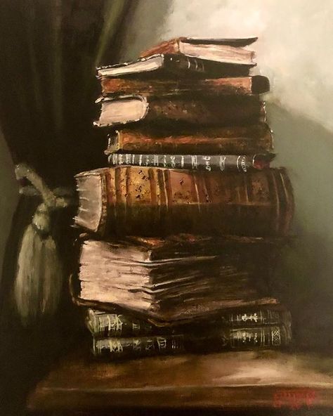 Old Books Painting, Reading Painting Aesthetic, Library Aesthetic Painting, Oil Painting Books, Old Books Art, Books Aesthetic Painting, Book Inspired Paintings, Book Aesthetic Painting, Stack Of Books Painting