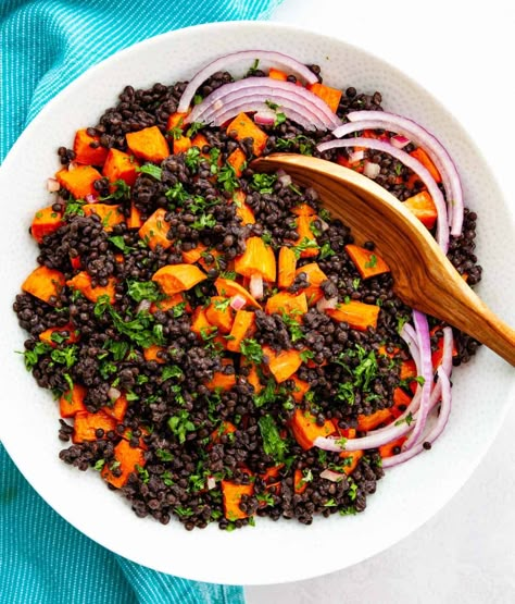 Black Lentil Salad, Maple Dijon Dressing, Lentils Instant Pot, Dhal Recipe, Dijon Dressing, Black Lentils, Cooking Sweet Potatoes, Cold Salad, Salad With Sweet Potato