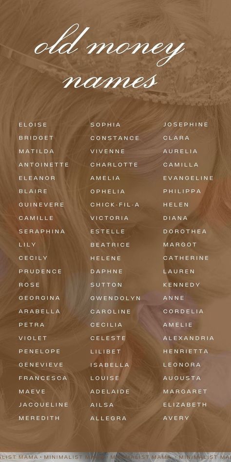 The *prettiest* old money names for girls that are totally dreamy and sweet. (These pretty names definitely give 'rich girl names' vibes!) Old People Names, Aesthetic Last Names, Old Money Names, Rich Girl Names, Style Names, Female Character Names, Names For Girls, Sweet Baby Names, Unusual Baby Names