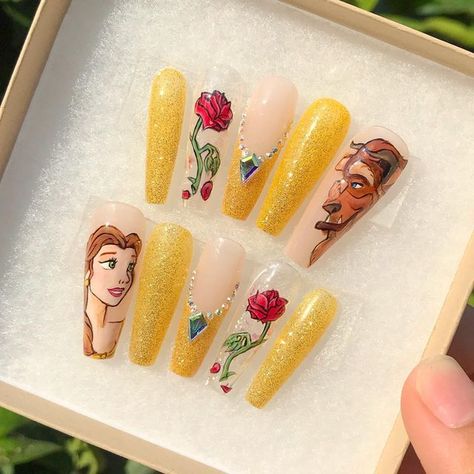 Character Design Nail Art, Beauty Beast Nails, Beauty And The Best Nails, Bueaty And The Beast Nails, Beauty And Beast Nails Art Ideas, Beauty And The Beast Themed Nails, Disney Nails Beauty And The Beast, Beauty And Beast Nails, Custom Press On Nail Designs