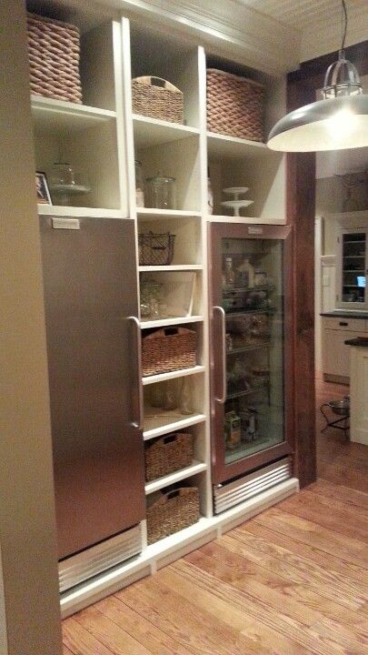 Full size freezer with a matching glass front refrigerator from Frigidares Commercial line Freezer In Mudroom, Pantry With Upright Freezer, Extra Fridge In Pantry, Butlers Pantry With Refrigerator, Pantry With Freezer Inside, Pantry With Fridge And Freezer, Freezer Room Ideas, Pantry With Deep Freezer, Deep Freezer In Pantry