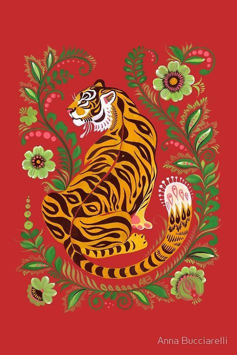 Tiger Folk Art by Anna Bucciarelli Art Tigre, Kunst Inspo, Tattoo Concepts, Tiger Illustration, Swipe File, Art Magic, Tiger King, Kunst Inspiration, Leg Tattoo