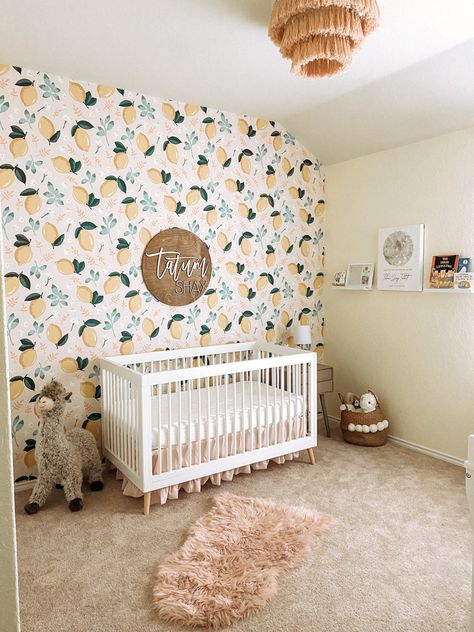 Diy girls nursery with lemon wallpaper and soft pink accents; pink lemonade room 🤍 Pink Lemonade Nursery Theme, Pink Lemonade Nursery, Lemon Nursery Theme Girl, Summer Nursery Theme, Citrus Nursery Theme, Fruit Nursery Theme, Lemon Nursery Theme, Fruit Themed Nursery, Citrus Bedroom