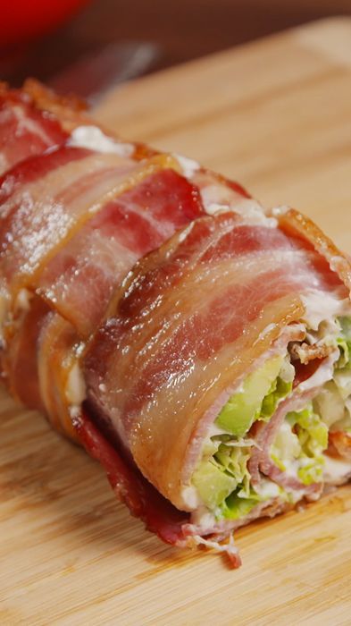 Sushi Recipes, Sushi Rolls, Keto Ingredients, Bacon Lettuce Tomato, Sushi Roll, Food Channel, Fusion Food, Bacon Wrapped, Appetizer Snacks