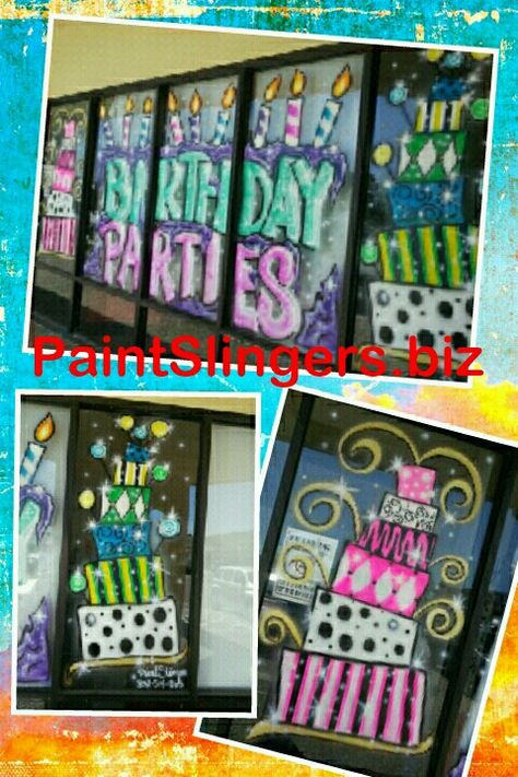 Crazy cakes birthday party window painting Birthday Window Painting, Birthday Window Art, Happy Birthday Painting, Window Paintings, Store Front Windows, Window Mural, Birthday Painting, Balloon Shop, Crazy Cakes