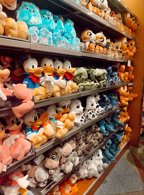 Disney Plush Display, Disney Stuffed Animals Aesthetic, Disney Toys Aesthetic, Stuffed Animals Disney, Disneyland Shop, Stuffed Animal Collection, Stitch Stuffed Animal, Peluche Disney, Cute Shelf