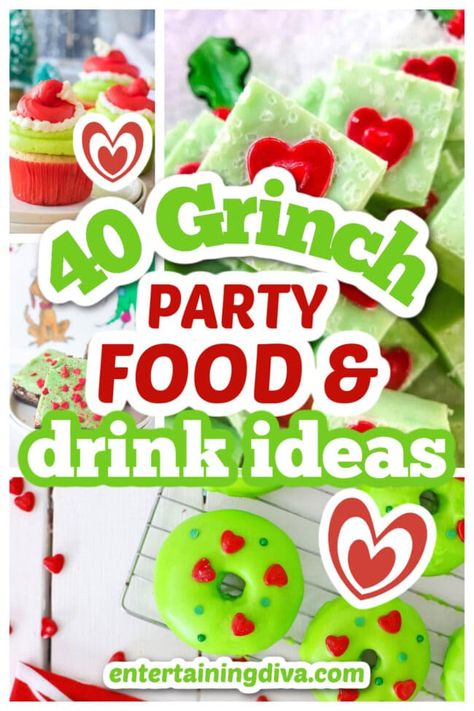 Grinchmas Party Snacks, Grinchmas Party Food Ideas, Grinch Christmas Recipes Food Ideas, Grinch Christmas Brunch Ideas, Grinch Christmas Snack Ideas, Grinch Snacks For School, Grinch Foods For Kids, Grinch Themed Brunch, Christmas Themed Party Food Ideas