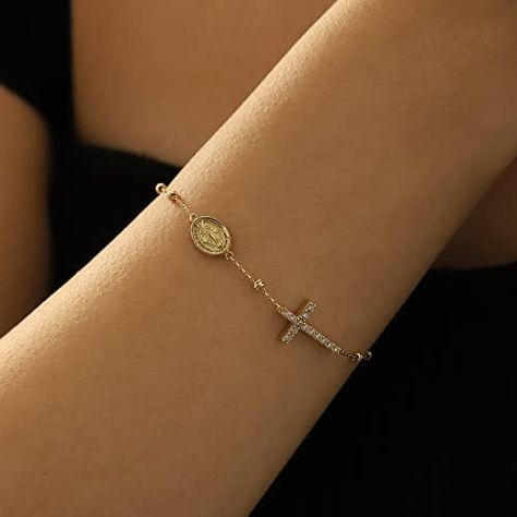 Christian Jewelry For Women Bracelets, Gold Cross Bracelet, Real Gold Bracelet, Cross Bracelets, Catholic Bracelet, Cross Necklace Women, Christian Bracelets, Wrist Jewelry, Gold Jewelry Simple