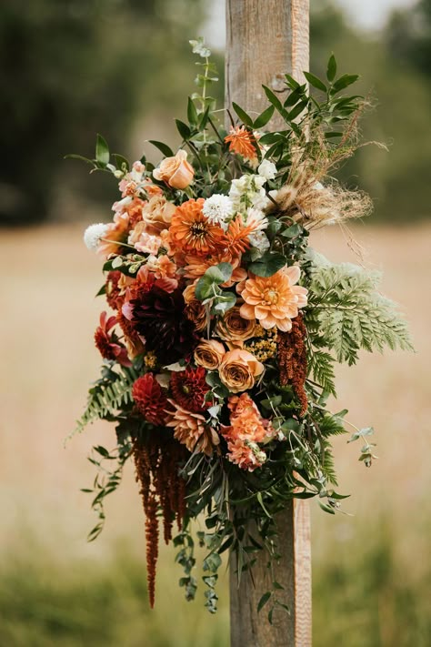 Deep reds, terracottas, peaches and greens! Perfect color combo for your rustic, romatic, farm wedding! Red Peach And Green Wedding, Burgundy Rust Peach Wedding, Copper Wedding Florals, Dried Wedding Flowers Bouquets, Terracotta And Green Wedding Flowers, October Farm Wedding, Vinyard Wedding Fall, Fall Wedding Floral Arrangements Ceremony, Rustic Wedding Floral Arrangements