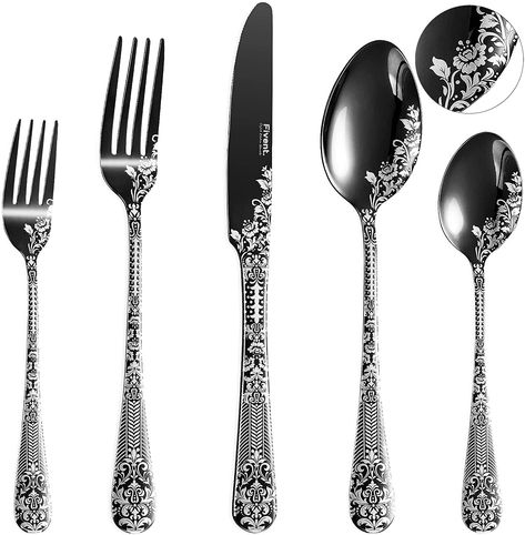 Black Cutlery, Black Flatware, Eating Utensils, Dining Room Table Decor, Damask Rose, Stainless Steel Dishwasher, Floral Damask, Safe Cleaning Products, Stainless Steel Cutlery