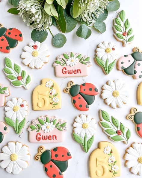 The Bespoke Biscuit Co | Kids Birthday cookies, daisy cookies Here is the entire ladybug set ❤️ I just love royal icing transfers 🐞😍 | Instagram Bug Themed Cookies, Love Bug Cookies, Ladybug Themed Birthday, Love Bug 1st Birthday Party, One Cute Bug Birthday, Love Bug Birthday Party, Love Bug Birthday, Cookies Daisy, Ladybug Theme Party