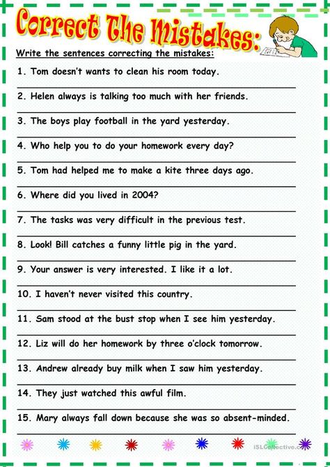 Correct the mistakes worksheet - Free ESL printable worksheets made by teachers Sentence Correction Worksheets, Advance English, Picture Comprehension, English Grammar Exercises, Sentence Correction, Grammar For Kids, Good Grammar, English Teaching Materials, 6 Class