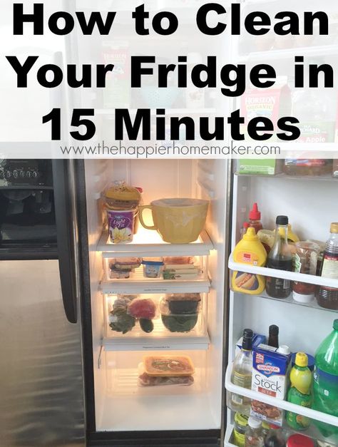 How to clean your fridge in 15 minutes- great cleaning tip- I hate doing this but with a little organization it's pretty fast! Quick Protein, Clean Refrigerator, Clean Fridge, Hosting Thanksgiving, Fridge Organization, Cleaning Wood, Oven Cleaning, Me Clean, Diy Cleaning Products