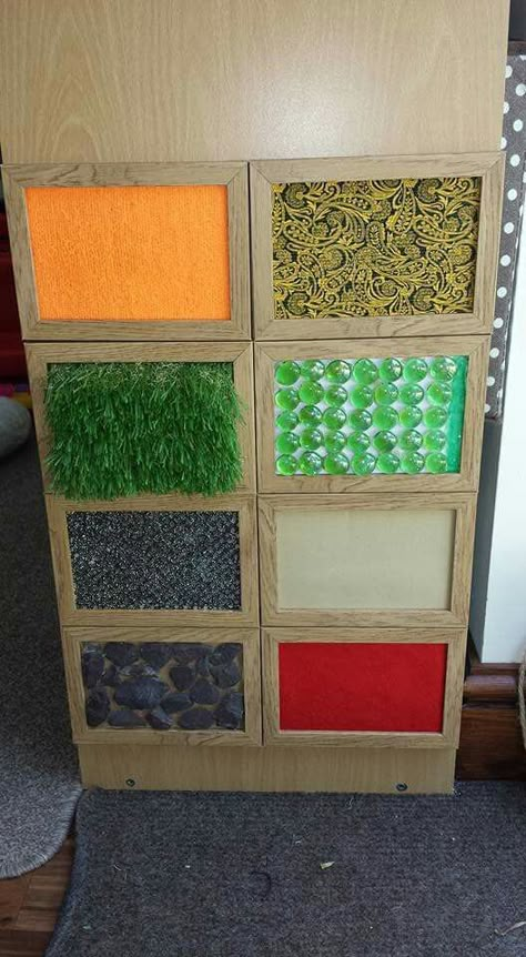 sensory wall                                                                                                                                                      More Sensory Classroom, Classroom Preschool, Diy Sensory, Preschool Decor, Reggio Classroom, Sensory Wall, Decor Images, Texture Board, Sensory Board