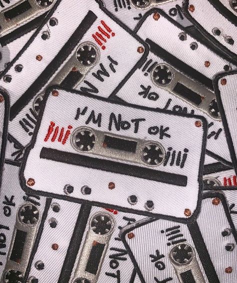 I’m not okay MCR cassette tape patch. My chemical Romance. Mcr Embroidery, Mcr Patch, My Chemical Romance Aesthetic, Mcr Fanart, Usb Packaging, Patch Ideas, Band Patches, Battle Jacket, Not Okay