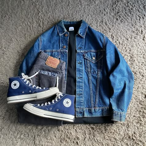 Blue Converse Outfit Men, Maong Jacket Outfit, Blue Jean Jacket Outfits Men, Blue Sneakers Outfit Men, Blue Jacket Outfits, Blue Converse Outfit, Blue Sneakers Outfit, Preppy Outfits Men, Blue Jean Jacket Outfits