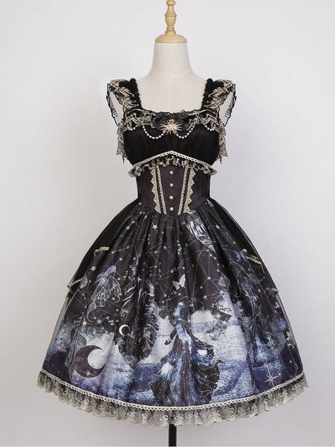 Gothic Short Dress, Stars Outfit, Moon Accessories, Moon Dress, Skirt Ruffle, Lolita Outfits, Overlay Skirt, Jumper Skirt, Star Wallpaper