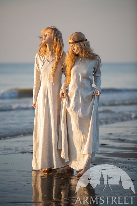 Ancient Tunic, Medieval Outfits, Linen Chemise, Viking Dress, Leather Bracers, Wet Sand, Viking Costume, Viking Clothing, Pale Lilac