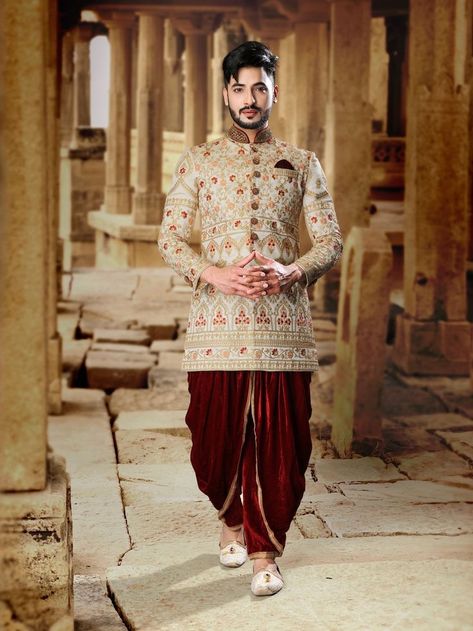 Buy Rich Look Embroidery Sherwani With Harem Dhoti Pants Online from Bodylinestore at best price. Select wide range of men's wedding sherwani, designer Sherwani for groom, traditional sherwani, jodhpuri Sherwani, sangeet sherwani and more. #EmbroiderySherwani #EmbroiderySherwaniWithHaremDhotiPants #BuyEmbroiderySherwani #BuyEmbroiderySherwaniOnline Jodhpuri With Dhoti, Dresses For Bridesmaid, Jodhpuri Sherwani, Sherwani For Groom, Indowestern Dress, Indian Bridesmaid Dresses, Sherwani Groom, Mens Sherwani, Wedding Sherwani