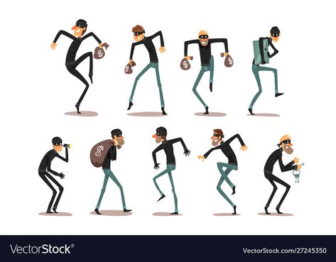 Thief Pose Reference, Thief Pose, Robber Illustration, Robber Drawing, Robber Cartoon, Thief Character Design, Thief Illustration, Refrence Pose, Thief Character