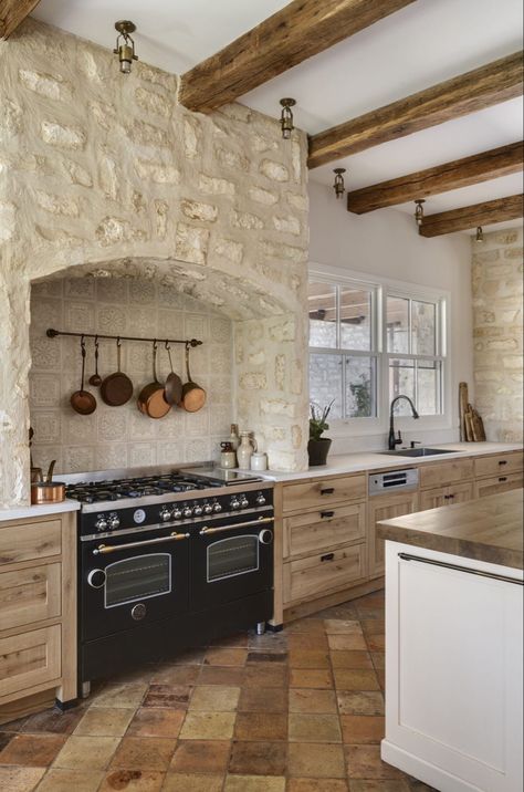 kitchen inspo || dream house Stone Stove Surround Kitchen, Stone Wall Kitchen Ideas, Stone Wall In Kitchen, Stone In Kitchen, Stone Wall Kitchen, House Development, Austin Stone, Stone Walls Interior, House Restoration