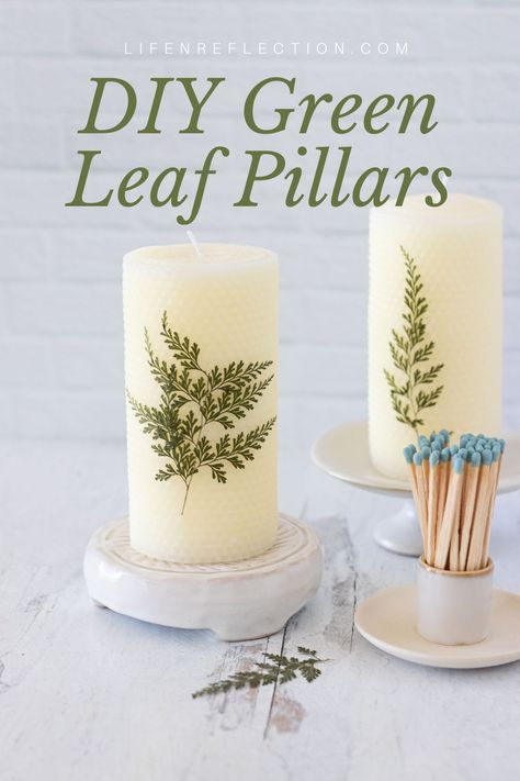 Elevate your home decor with these beautiful green leaf candle pillars following this easy DIY project for how to make beeswax candle pillars with pressed leaves! Pillar Candle Making, Pillar Candles Diy, Candle Pillars, Presents For Family, Diy Serving Tray, Leaf Candle, Candle Tutorial, Beeswax Pillar Candles, Diy Monogram