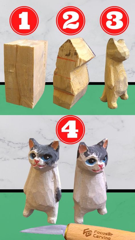 Woodworking Cat Projects, Carve Wood For Beginners, Wood Whittling Animals, Cat Whittling Patterns, Animal Carving Patterns, Cat Wood Carving Patterns, Stick Carving Ideas Easy, Easy Woodcarving Projects, Easy Wood Sculpture