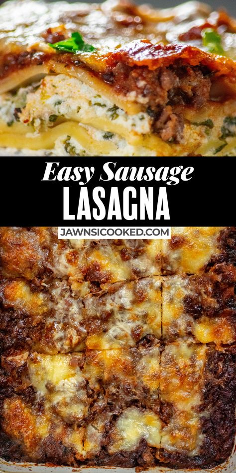 This meaty, cheesy Lasagna Recipe with Sausage is easy to make, and great for serving a crowd! With a homemade sauce loaded with Italian sausage, and a delicious blend of Italian cheese and spinach in the filling- this lasagna is a flavorful and filling meal the whole family will love. Sausage And Spinach Lasagna Recipe, Sausage Lasagna Recipe Easy, Lasagna Recipe Sausage, Lasagna Recipe With Sausage, Recipes With Deer Sausage, Lazana Recipes, Sausage Lasagna Recipe, Lasagna With Italian Sausage, Lasange Recipe