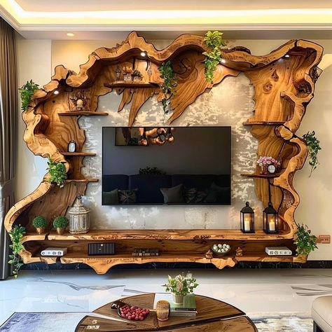 Tv Wall Wood Design, Wood Room Aesthetic, Apartment Interior Aesthetic, Woods Interior Design, Wooden Wall Living Room, Kolam Koi, Tv Screen, Rustic Home Design, Dream House Interior