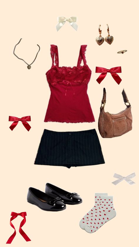 red black brown cutesie coquette nyc spring summer outfit brandy handbag + pinstripe skirt + heart socks cute red top black flats date  going out dinner fit lots of bows gold jewelry Heart Socks Outfit, Pinstripe Skirt Outfit, Nyc Spring, Pinstripe Skirt, Dinner Fits, Heart Socks, Socks Cute, Sock Outfits, Red Top