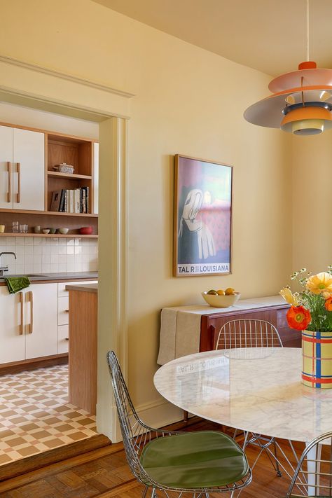 Galley Kitchen Renovation, Yellow Dining Room, Living Room And Kitchen Design, Retro Cabinet, Living Room Design Inspiration, Yellow Interior, Galley Kitchen, Yellow Kitchen, Yellow Walls