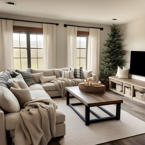 Farm Style Living Room Apartment, Model House Living Room, Modern Farm Home Decor, Comfy Cozy Living Room Chic, Farmhouse Modern Apartment, Minimalistic Farmhouse Living Room, Sectional Living Room Layout Farmhouse, Family Room Modern Farmhouse, Neutral Home Aesthetic Living Room