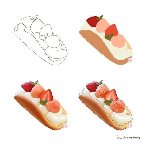 Pancake Drawing, Cherry Food, Cream Pancakes, Watercolor Food Illustration, Japanese Food Illustration, Desserts Drawing, Strawberry And Cream, 귀여운 음식 그림, Food Illustration Art